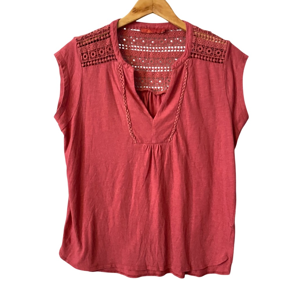 Prana Women XL Terracotta Organic Cotton Crochet Lace V-Neck Peasant Top